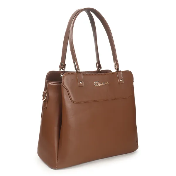 Signature_Tan_Brown_Faux_Leather_Classic_Handle_Handbag_For_Women
