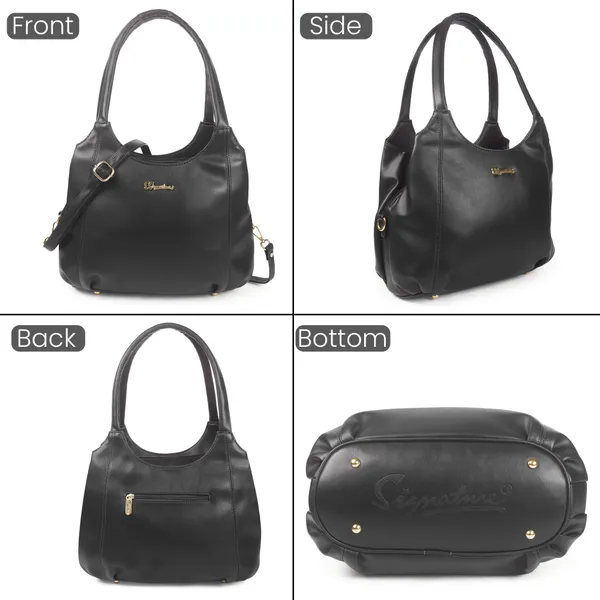 Signature_Black_Faux_Leather_Detachable_Strap_Shoulder_Handbag