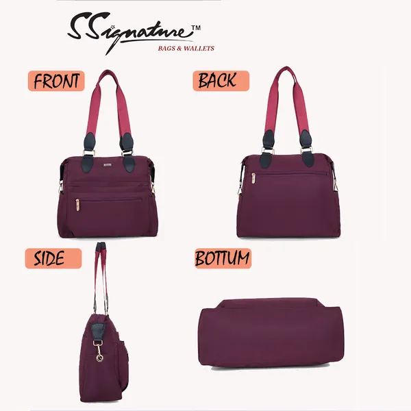 Signature_Maroon_Nylon_Multi_Compartment_Adjustable_Strap_Tote_Bag_For_Women