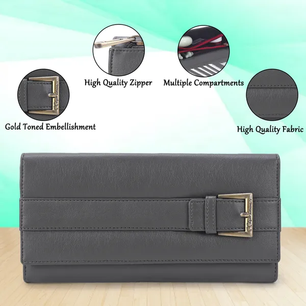 Signature_Grey_Faux_Leather_Buckle_Detail_Clutch_Wallet_For_Women