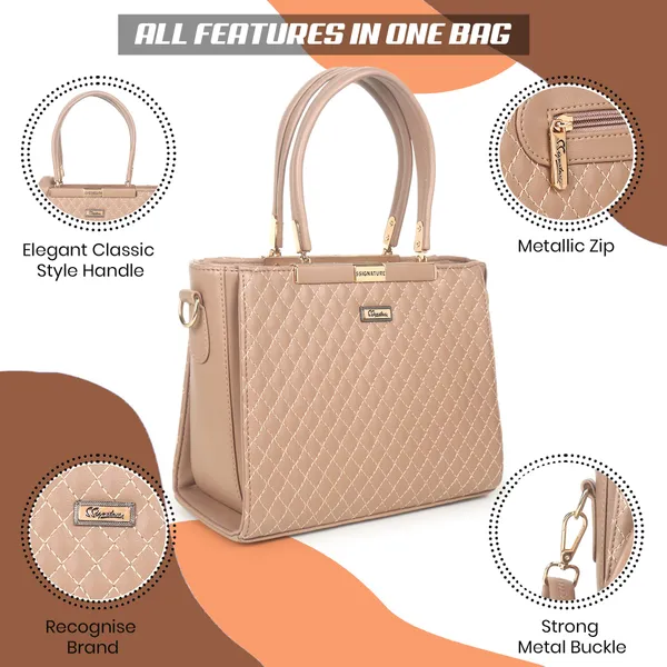 Signature_Beige_Quilted_Faux_Leather_Metallic_Zip_Handbag_For_Women