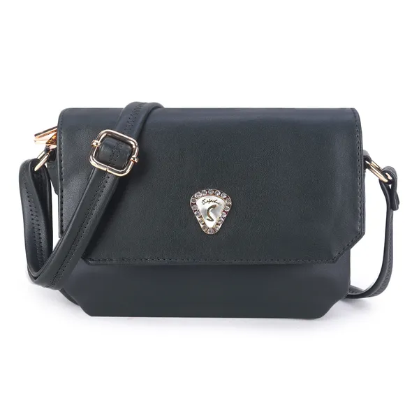 Signature_Black_Faux_Leather_Metallic_Buckle_Sling_Bag_For_Women