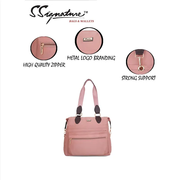 Signature_Pink_Fabric_Multi_Pocket_Travel_Tote_Bag_For_Women