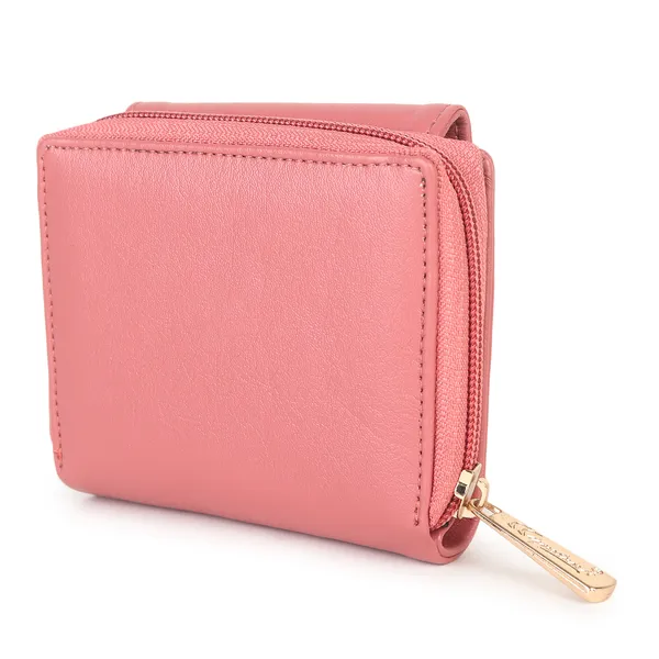 Signature_Pink_Faux_Leather_Tri_Fold_Zipper_Wallet_For_Women