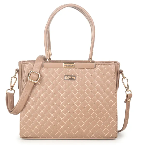 Signature_Beige_Quilted_Faux_Leather_Metallic_Zip_Handbag_For_Women