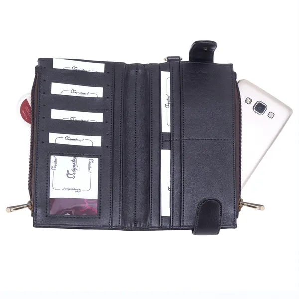 Signature_Black_Leather_Wrist_Strap_Multi_Card_Clutch_Wallet_For_Women