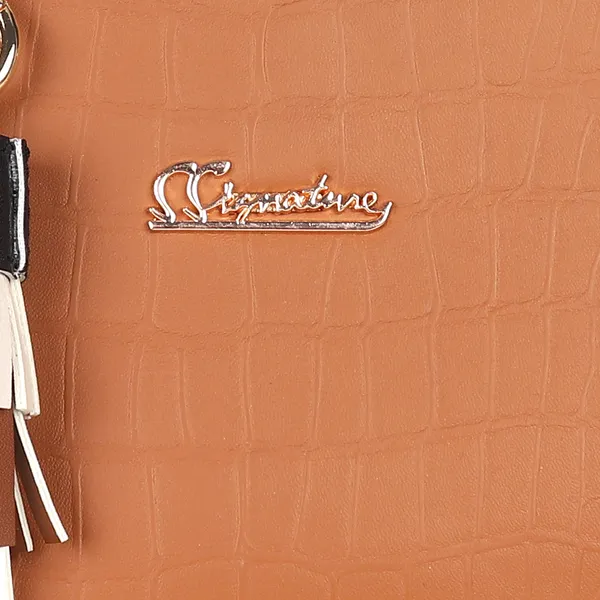 Signature_Brown_Faux_Leather_Multi_Compartment_Tassel_Handbag_For_Women