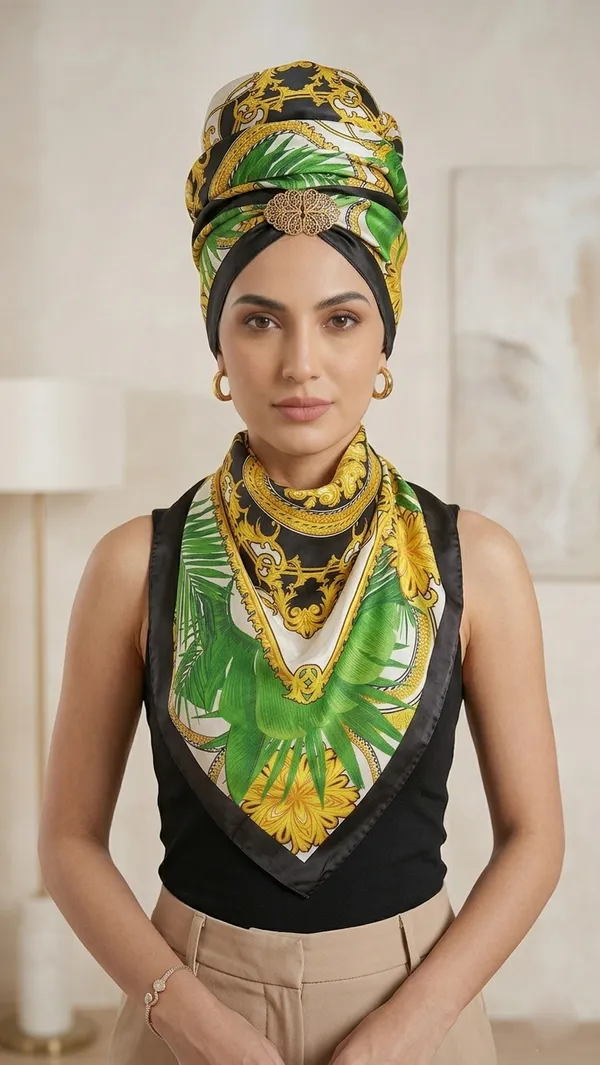 KAHERI_Women_Satin_Silk_Printed_Scarf_(100_x_100_cm,_Green_&_Gold)_03