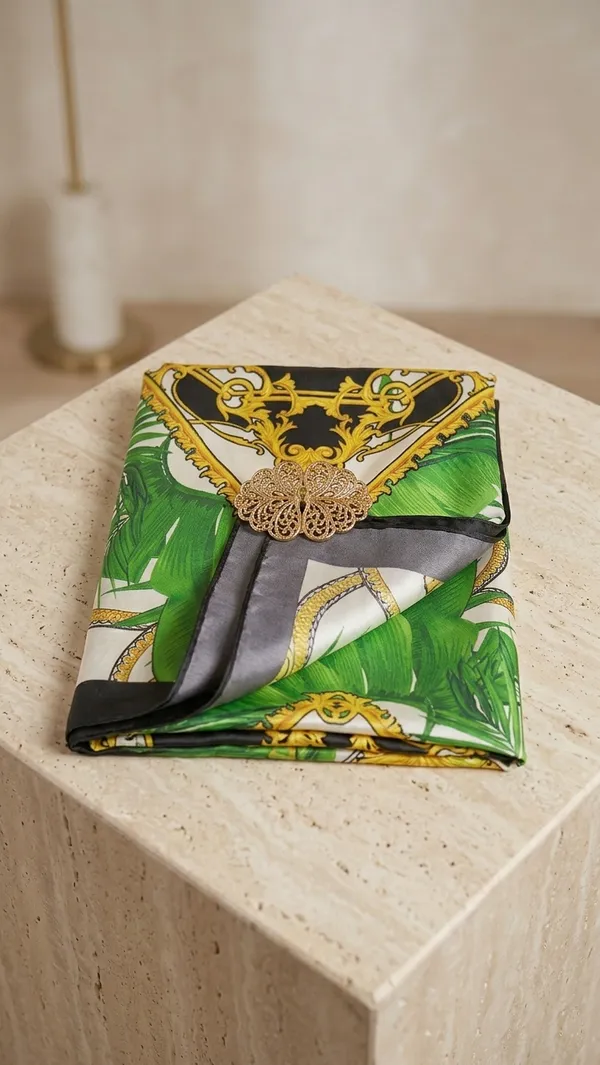 KAHERI_Women_Satin_Silk_Printed_Scarf_(100_x_100_cm,_Green_&_Gold)_03