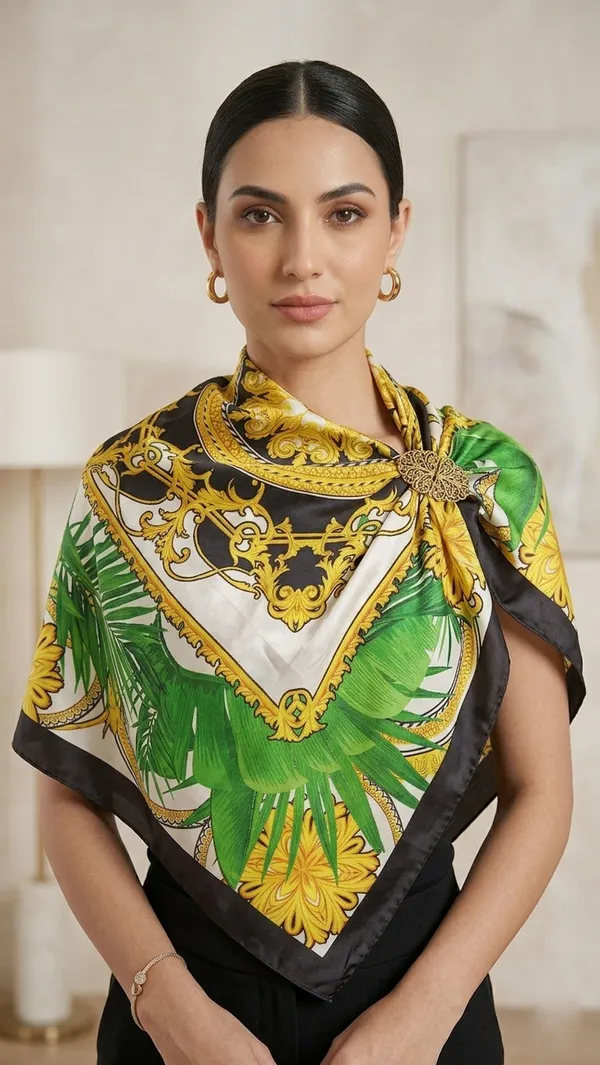 KAHERI_Women_Satin_Silk_Printed_Scarf_(100_x_100_cm,_Green_&_Gold)_03