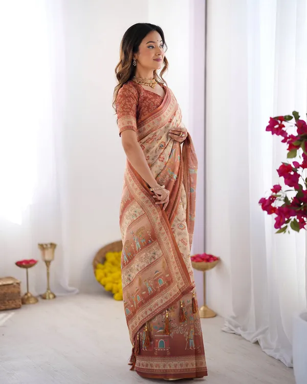 Kaheri_Beige_&_Rust_Orange_Linen_Saree_with_Traditional_Kalamkari_Folk_Print_IPO22