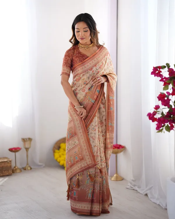 Kaheri_Beige_&_Rust_Orange_Linen_Saree_with_Traditional_Kalamkari_Folk_Print_IPO22