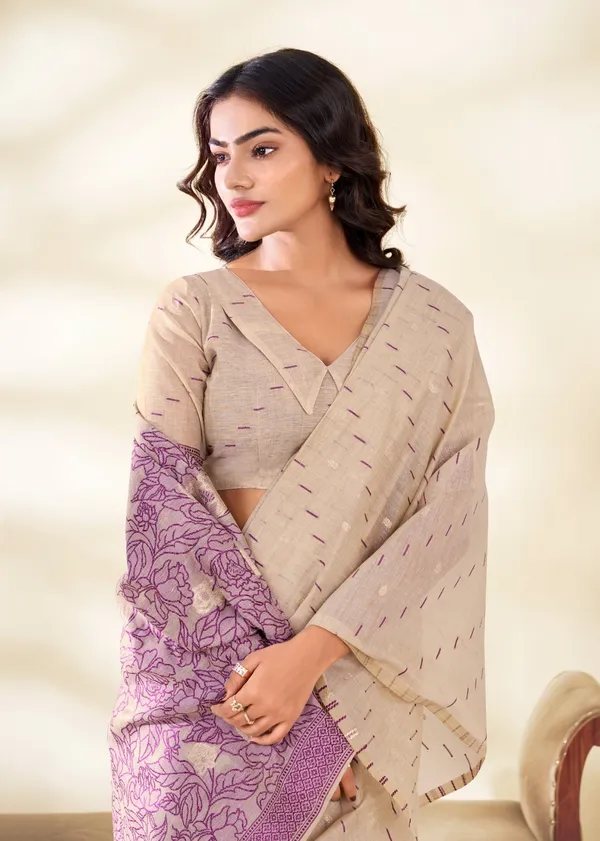 Kaheri_Elegant_Beige_Cotton_Modal_Saree_with_Floral_Purple_Pallu_&_Butti__–_Includes_Unstitched_Blouse_Piece