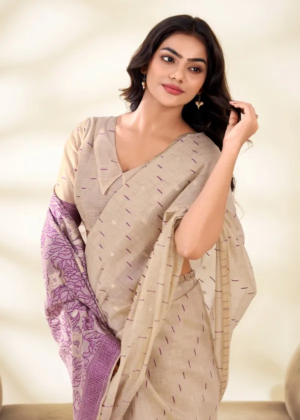 Kaheri_Elegant_Beige_Cotton_Modal_Saree_with_Floral_Purple_Pallu_&_Butti__–_Includes_Unstitched_Blouse_Piece