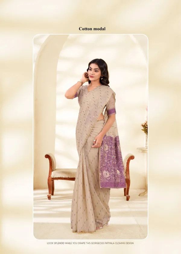Kaheri_Elegant_Beige_Cotton_Modal_Saree_with_Floral_Purple_Pallu_&_Butti__–_Includes_Unstitched_Blouse_Piece