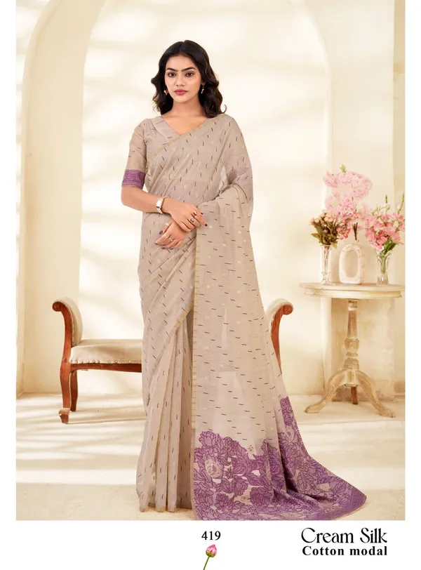Kaheri_Elegant_Beige_Cotton_Modal_Saree_with_Floral_Purple_Pallu_&_Butti__–_Includes_Unstitched_Blouse_Piece