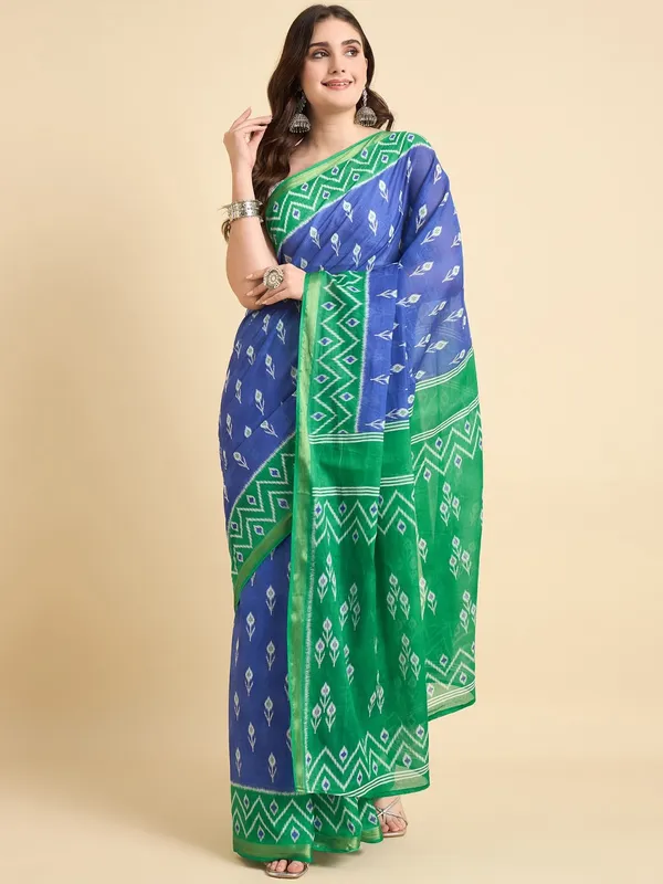 Kaheri_Enterprise_-_Ikat_Print_Cotton_Silk_Saree_with_Contrast_Border_Blue