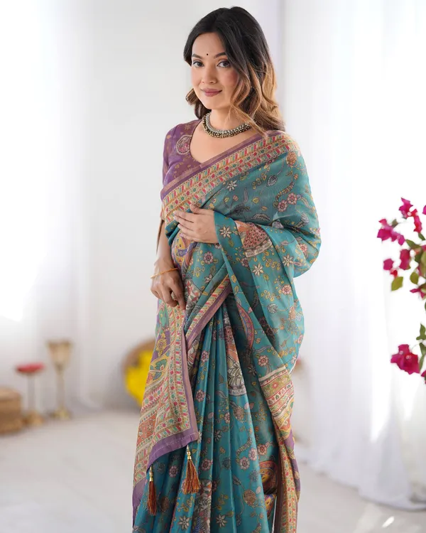Kaheri_Graceful_Teal_Linen_Saree_with_Floral_Motif_&_Intricate_Pallu_001
