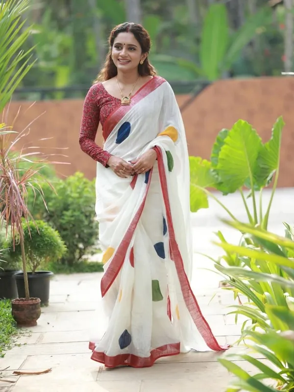 Kaheri_Off-White_Soft_Linen_Saree_with_Contemporary_Geometric_Polka_Prints_&_Red_Border_IPO23