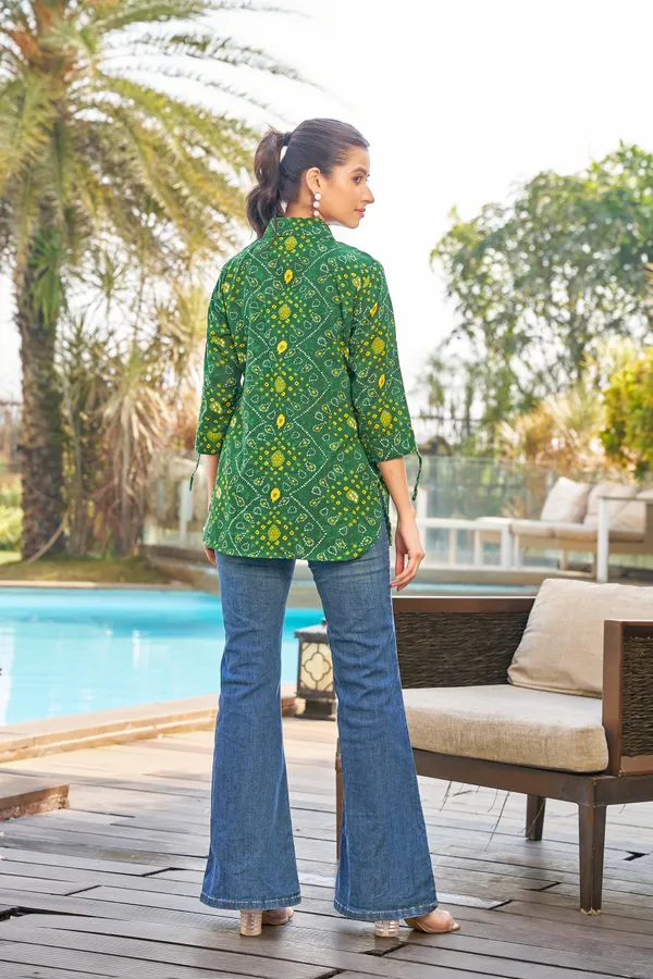 Kaheri_Premium_Bandhni_Print_Ladies_Top_in_Super_Rayon_Fabric_-_Ethnic_Fusion_Shirt_Style_Top_DD02_GRN