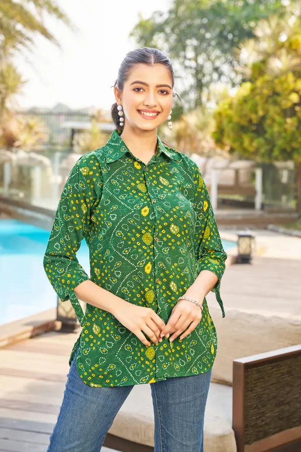 Kaheri_Premium_Bandhni_Print_Ladies_Top_in_Super_Rayon_Fabric_-_Ethnic_Fusion_Shirt_Style_Top_DD02_GRN