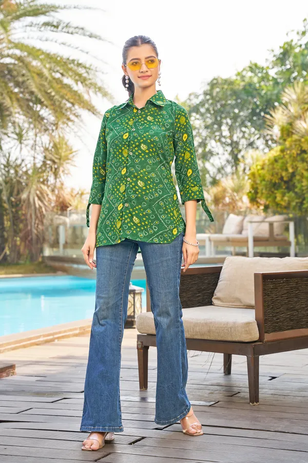 Kaheri_Premium_Bandhni_Print_Ladies_Top_in_Super_Rayon_Fabric_-_Ethnic_Fusion_Shirt_Style_Top_DD02_GRN