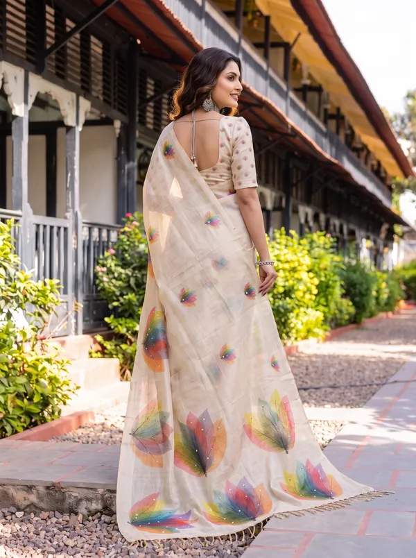 Kaheri_Women_Cream_Digital_Multi_Colour_Leaf_Printed_Soft_Eroad_Saree_with_Mirror_Work_&_Tassels
