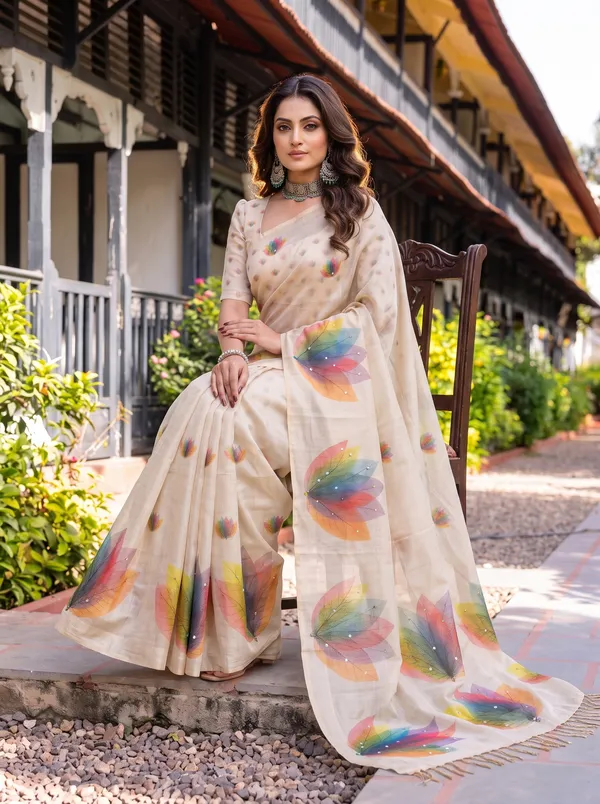 Kaheri_Women_Cream_Digital_Multi_Colour_Leaf_Printed_Soft_Eroad_Saree_with_Mirror_Work_&_Tassels