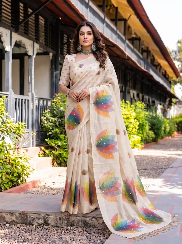 Kaheri_Women_Cream_Digital_Multi_Colour_Leaf_Printed_Soft_Eroad_Saree_with_Mirror_Work_&_Tassels