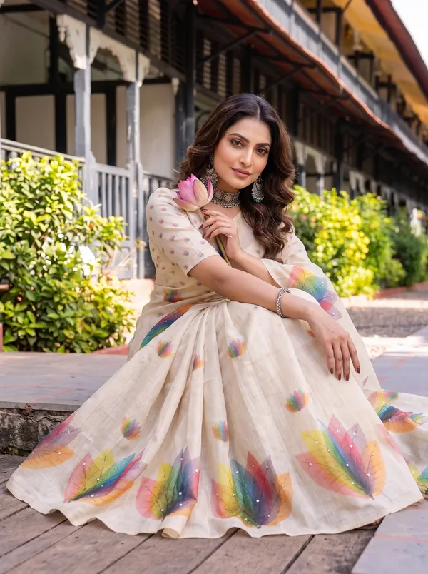 Kaheri_Women_Cream_Digital_Multi_Colour_Leaf_Printed_Soft_Eroad_Saree_with_Mirror_Work_&_Tassels