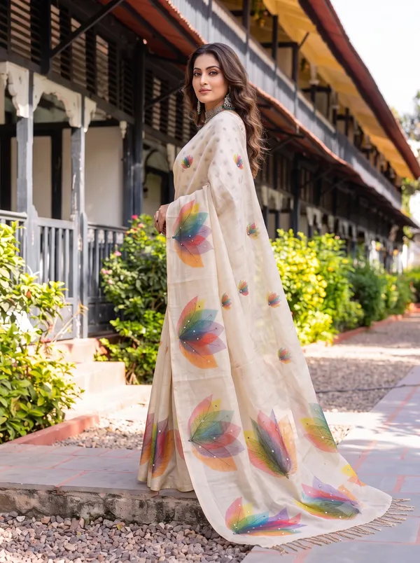 Kaheri_Women_Cream_Digital_Multi_Colour_Leaf_Printed_Soft_Eroad_Saree_with_Mirror_Work_&_Tassels
