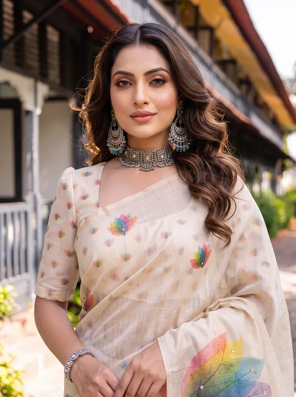 Kaheri_Women_Cream_Digital_Multi_Colour_Leaf_Printed_Soft_Eroad_Saree_with_Mirror_Work_&_Tassels