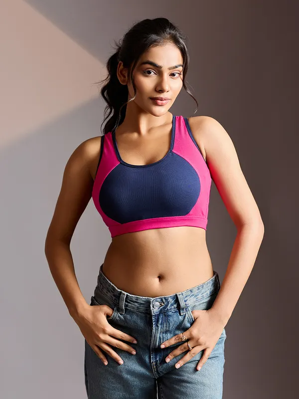 Kaheri_Women's_Vibrant_Pink_&_Navy_Blue_Stretchable_Sports_Bra_–_Maximum_Comfort_Activewear_for_Workout_&_Gym_UV-001_Pink