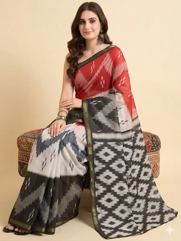 Premium_Maheshwari_Silk_Cotton_Saree_with_Traditional_Ikkat_Print_&_Zari_Border_Red_Balack