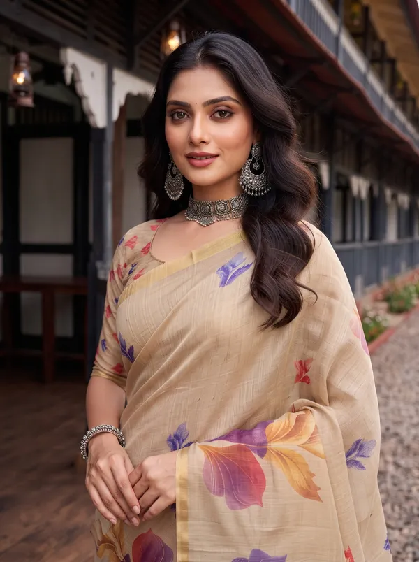 Women_Beige_Digital_Floral_Printed_Saree_with_Zalar_Tassels_|_Elegant_Ethnic_Wear_Saree_"diwali_gift"_"printed_saree"
