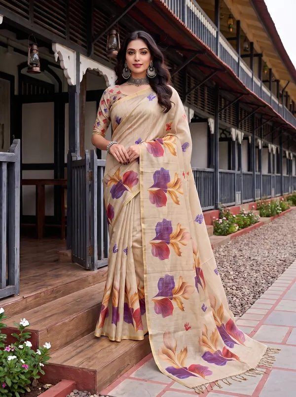 Women_Beige_Digital_Floral_Printed_Saree_with_Zalar_Tassels_|_Elegant_Ethnic_Wear_Saree_"diwali_gift"_"printed_saree"
