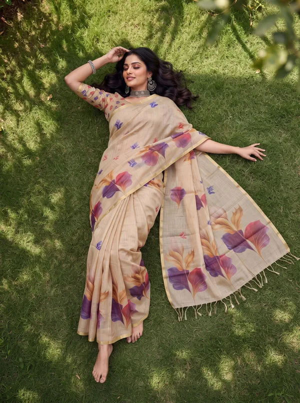 Women_Beige_Digital_Floral_Printed_Saree_with_Zalar_Tassels_|_Elegant_Ethnic_Wear_Saree_"diwali_gift"_"printed_saree"