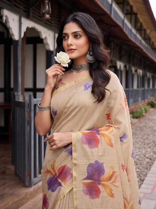 Women_Beige_Digital_Floral_Printed_Saree_with_Zalar_Tassels_|_Elegant_Ethnic_Wear_Saree_"diwali_gift"_"printed_saree"