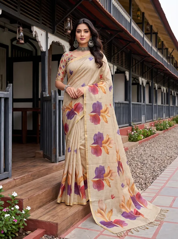 Women_Beige_Digital_Floral_Printed_Saree_with_Zalar_Tassels_|_Elegant_Ethnic_Wear_Saree_"diwali_gift"_"printed_saree"