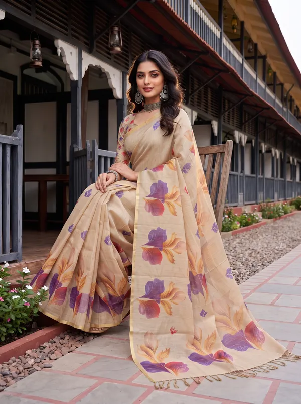 Women_Beige_Digital_Floral_Printed_Saree_with_Zalar_Tassels_|_Elegant_Ethnic_Wear_Saree_"diwali_gift"_"printed_saree"
