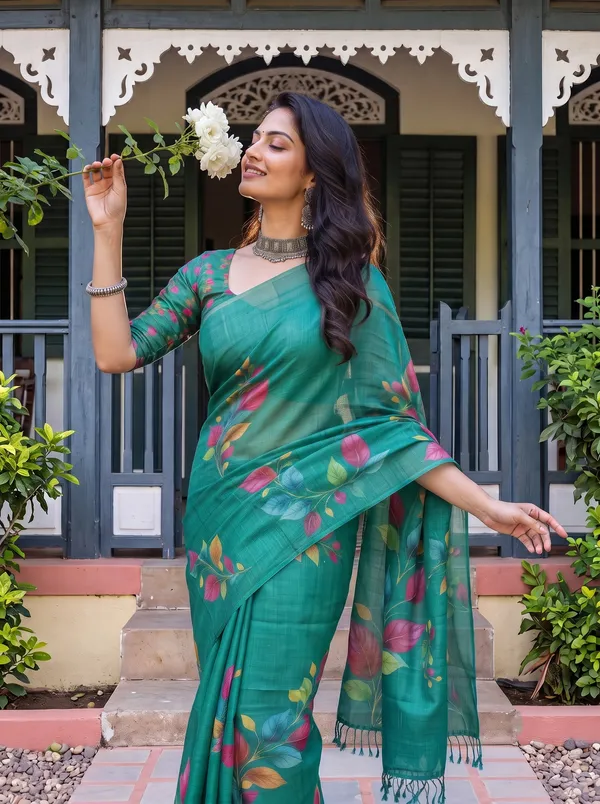 Women_Teal_Green_Floral_Printed_Saree_with_Tassels_|_Digital_Print_Saree_|_Elegant_Ethnic_Wear