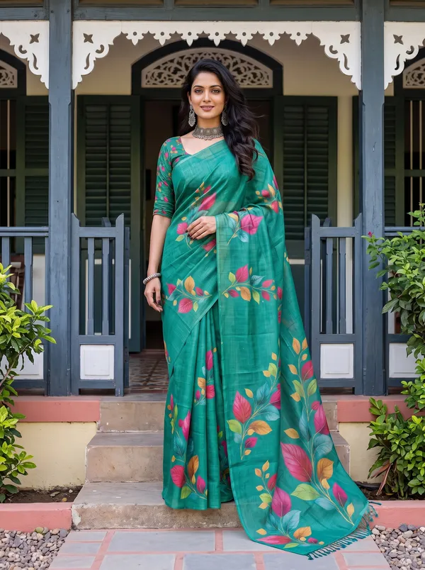 Women_Teal_Green_Floral_Printed_Saree_with_Tassels_|_Digital_Print_Saree_|_Elegant_Ethnic_Wear