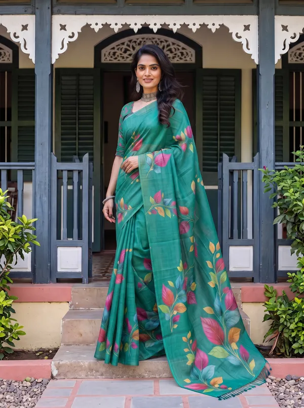 Women_Teal_Green_Floral_Printed_Saree_with_Tassels_|_Digital_Print_Saree_|_Elegant_Ethnic_Wear