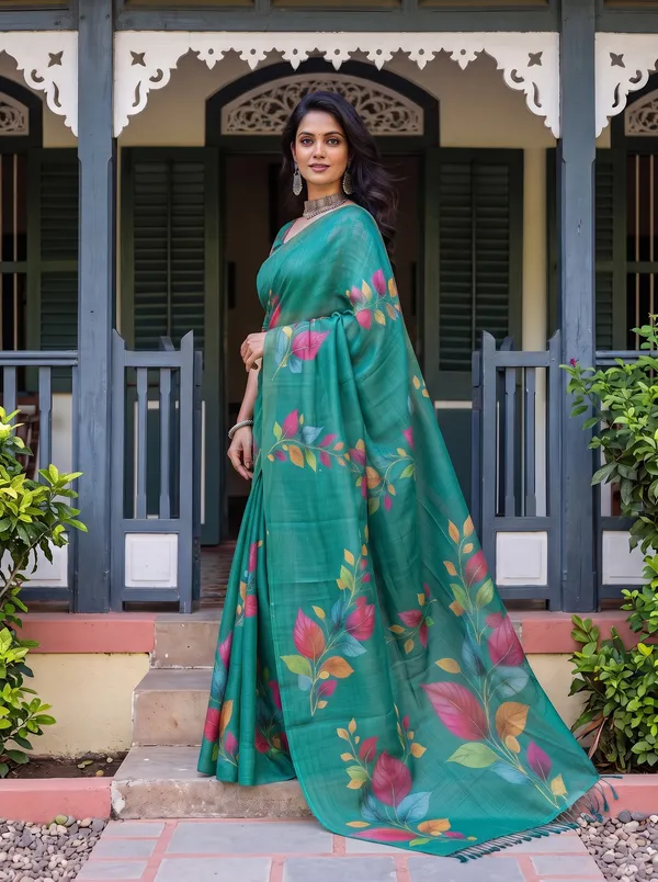 Women_Teal_Green_Floral_Printed_Saree_with_Tassels_|_Digital_Print_Saree_|_Elegant_Ethnic_Wear