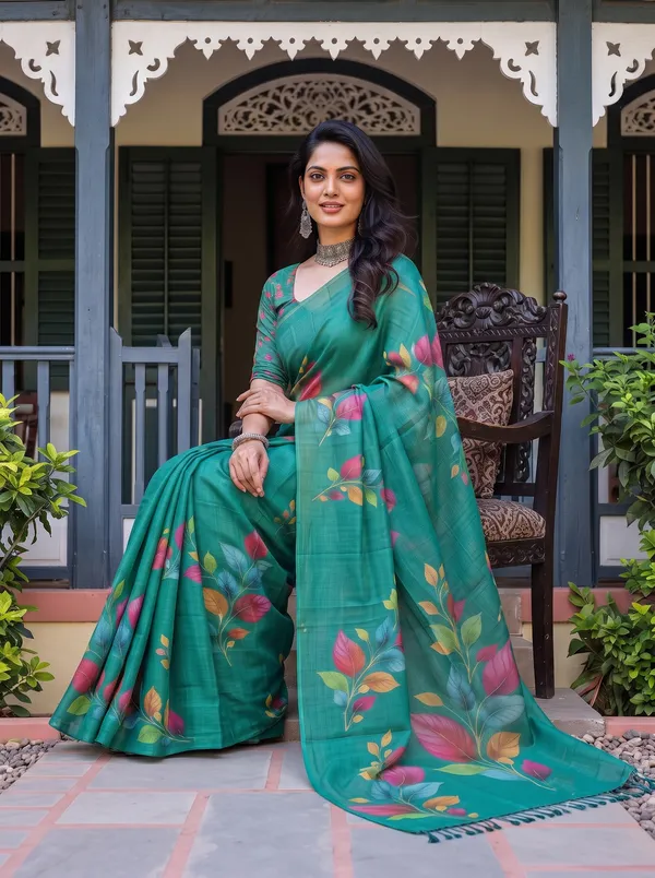 Women_Teal_Green_Floral_Printed_Saree_with_Tassels_|_Digital_Print_Saree_|_Elegant_Ethnic_Wear