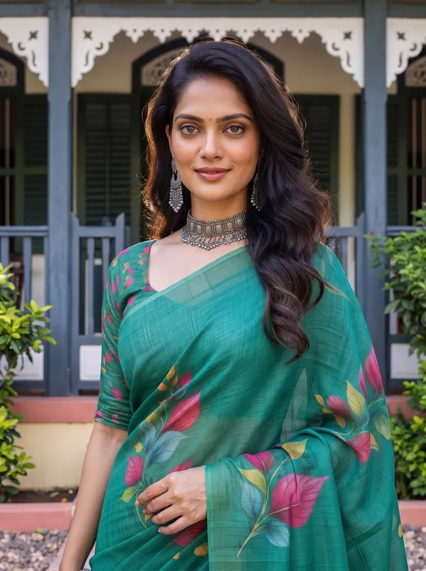 Women_Teal_Green_Floral_Printed_Saree_with_Tassels_|_Digital_Print_Saree_|_Elegant_Ethnic_Wear