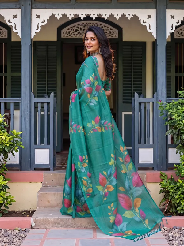 Women_Teal_Green_Floral_Printed_Saree_with_Tassels_|_Digital_Print_Saree_|_Elegant_Ethnic_Wear