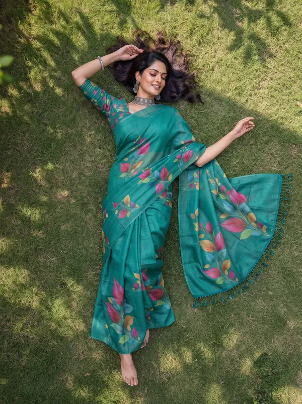 Women_Teal_Green_Floral_Printed_Saree_with_Tassels_|_Digital_Print_Saree_|_Elegant_Ethnic_Wear