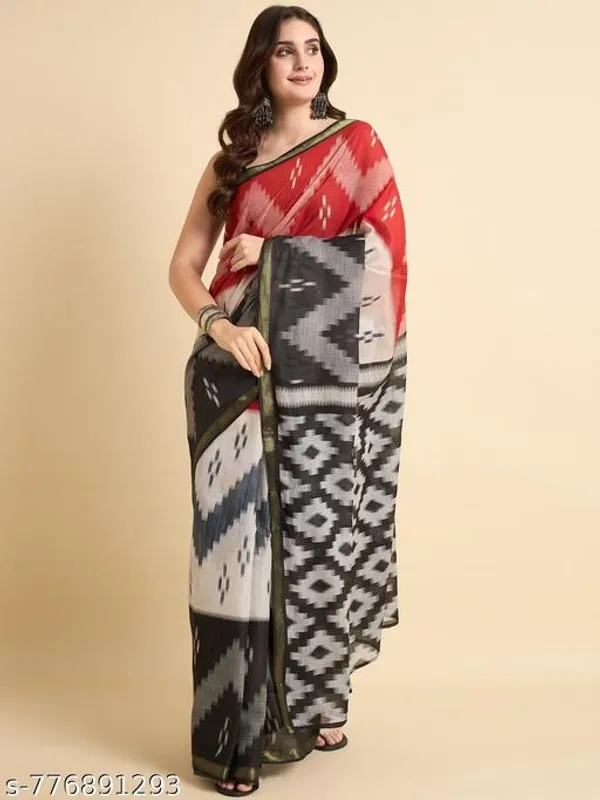 Premium_Maheshwari_Silk_Cotton_Saree_with_Traditional_Ikkat_Print_&_Zari_Border_Red_Balack
