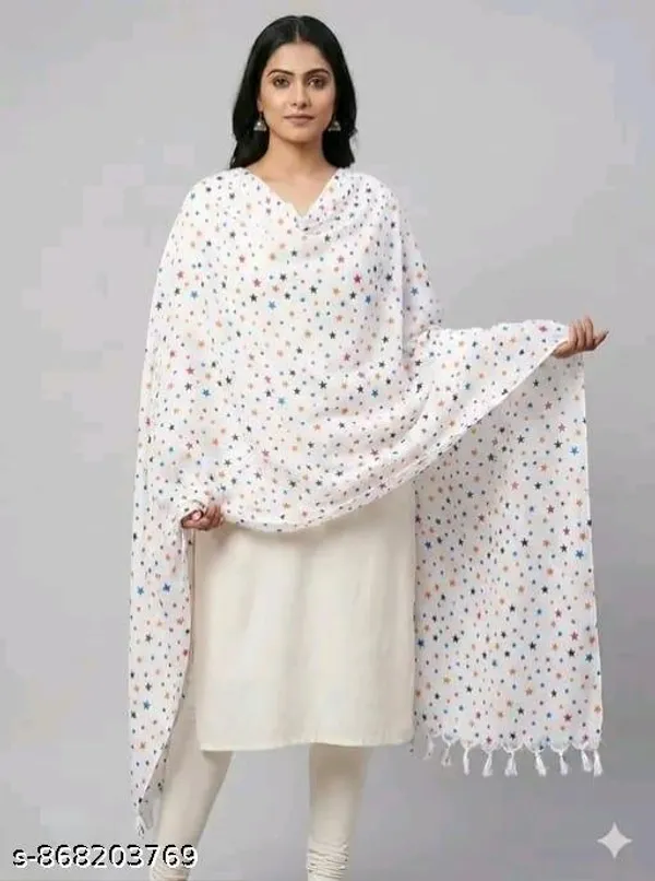 Premium_White_Star_Print_Cotton_Blend_Dupatta_For_Women_Romantic_Star_Pattern_Stylish_Scarf_Chunni_Soft_Lightweight_Daily_Wear_Dupatta_White